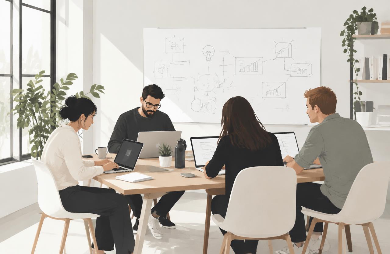 Conceptual illustration of a startup team working at a shared table; not a programme photograph.