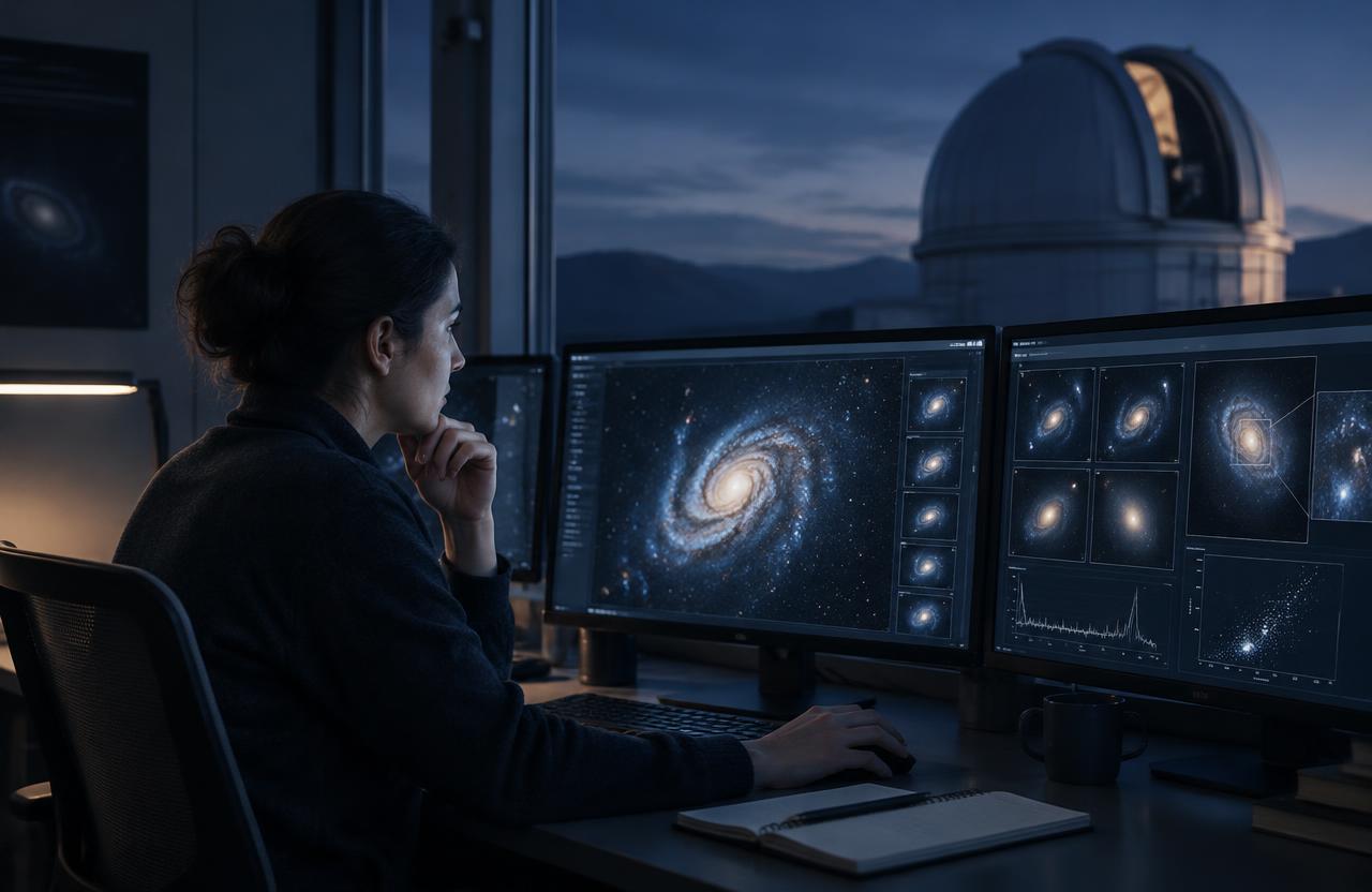 Conceptual illustration of an astronomer reviewing galaxy images; not a programme photograph.