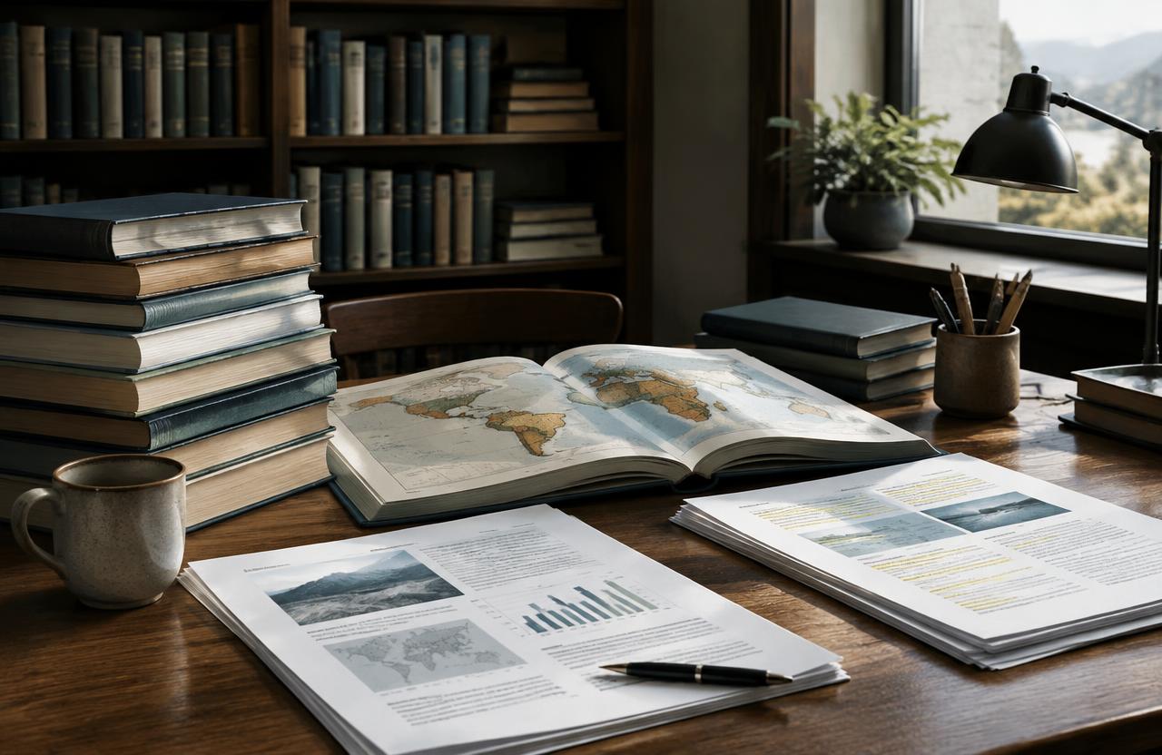 Conceptual illustration of a research desk with reports and an atlas; not a programme photograph.